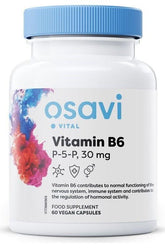 Osavi Vitamin B6 P-5-P 30 mg supplement bottle, supports energy and nervous system health, 60 vegan capsules.